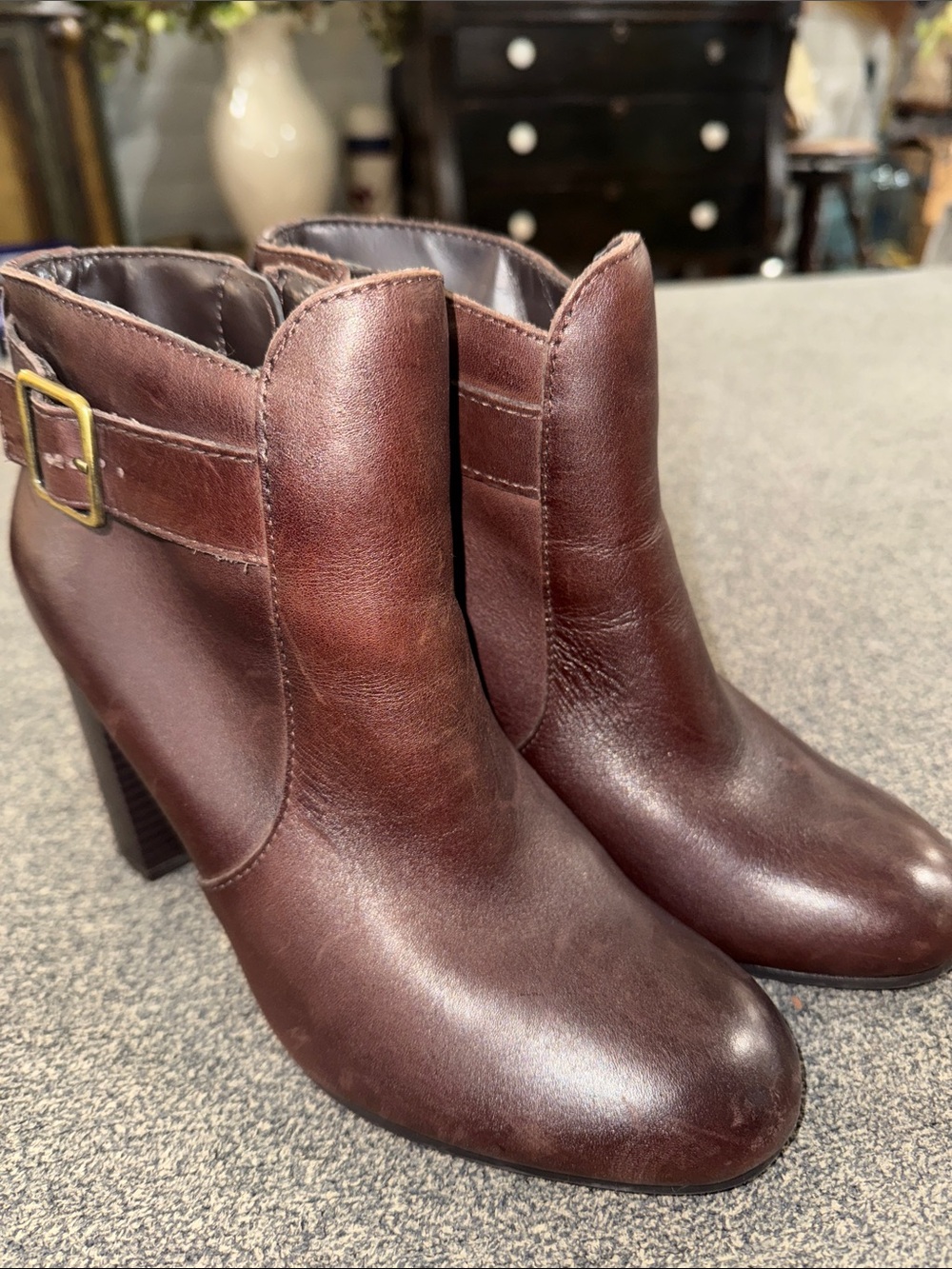 Liz Claiborne Brown Leather Ankle Booties with Buckle Accent